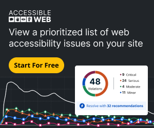 dark red background, Accessible Web logo, "Protect your business against website ADA lawsuits, a woman holding a tablet, "32 remediation recommendations," "90/100," and a yellow button that says "Get Started"