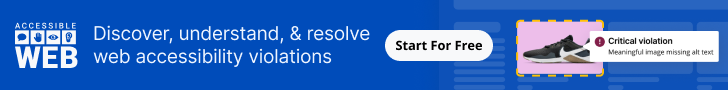 black background, Accessible Web logo, "View a list of web accessibility issues on your site," a yellow button thats says "Start for Free," and a chart/graph that says 48